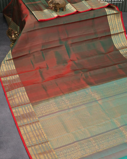 Pure kanjivaram silk saree manthulir green and red with plain body and zari woven border - {{ collection.title }} by Prashanti Sarees