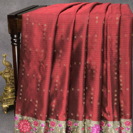 Pure kanjivaram silk saree maroon and grey with allover zari weaves and floral design embroidery cut work border - {{ collection.title }} by Prashanti Sarees