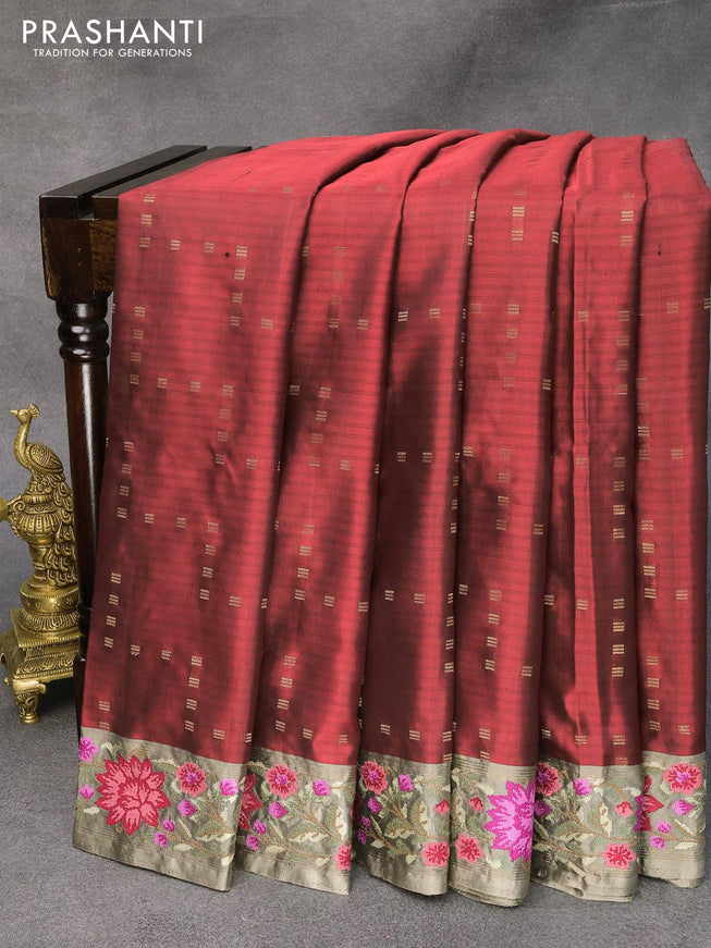 Pure kanjivaram silk saree maroon and grey with allover zari weaves and floral design embroidery cut work border - {{ collection.title }} by Prashanti Sarees