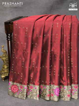 Pure kanjivaram silk saree maroon and grey with allover zari weaves and floral design embroidery cut work border