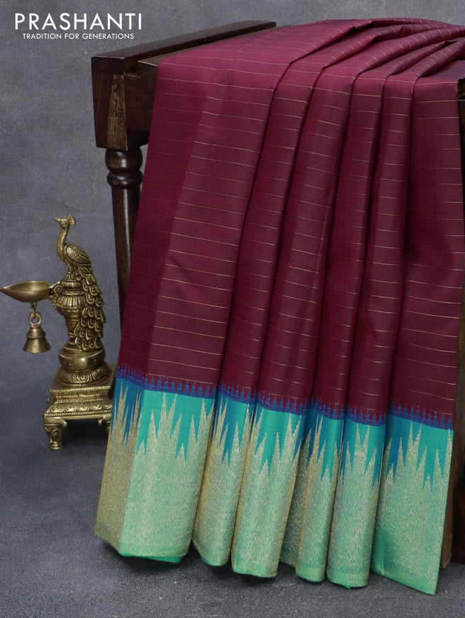 Pure Kanjivaram silk saree maroon and teal blue shade with allover zari lines and temple zari woven border IVM4436 - {{ collection.title }} by Prashanti Sarees