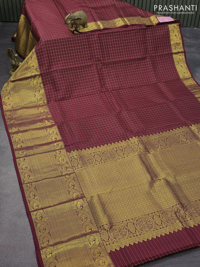 Pure kanjivaram silk saree maroon with allover zari checked pattern and long zari woven border - {{ collection.title }} by Prashanti Sarees