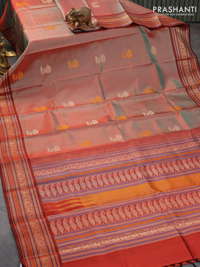 Pure kanjivaram silk saree mathulir green and maroon with thread woven buttas and thread woven border zero zari - {{ collection.title }} by Prashanti Sarees