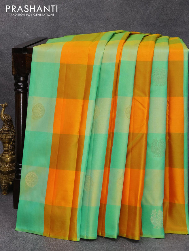 Pure kanjivaram silk saree multi colour and dual shade of pinkish orange with allover paalum pazhamum checks & buttas in borderless style - {{ collection.title }} by Prashanti Sarees