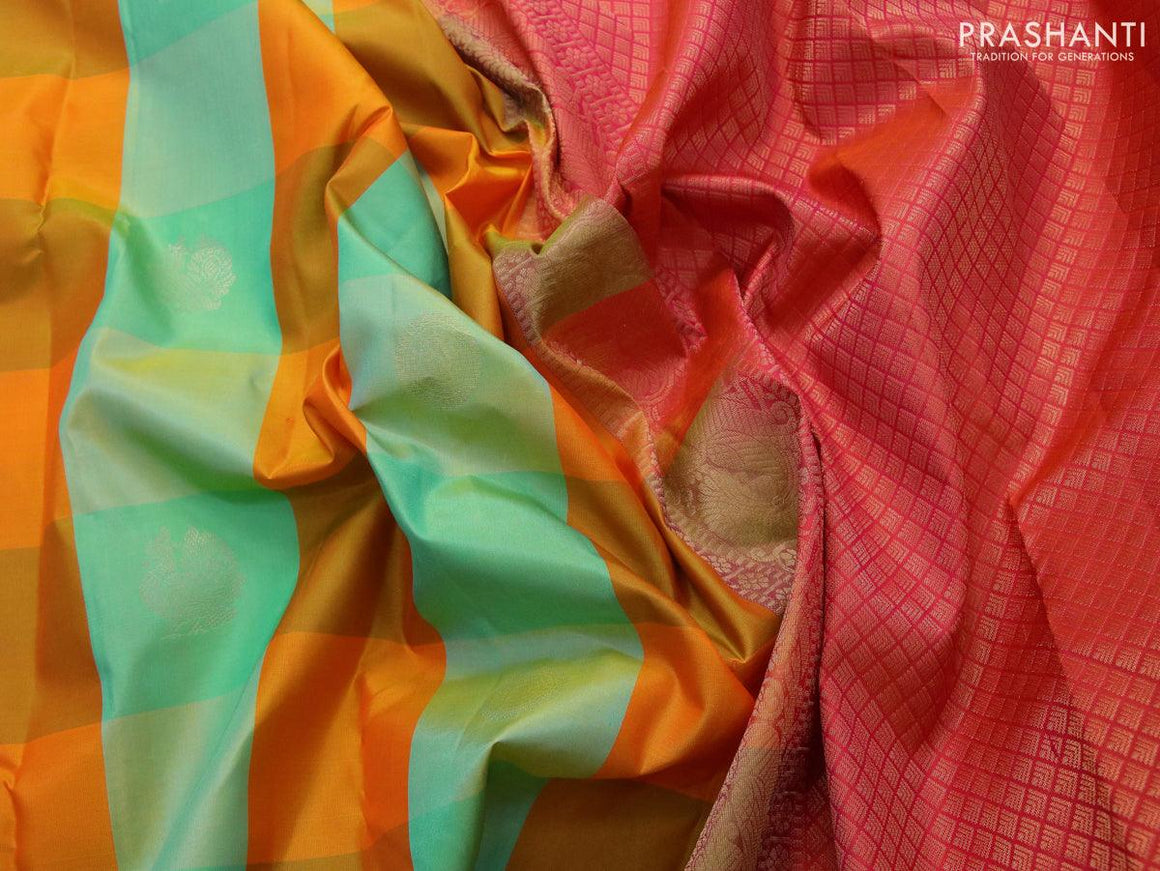 Pure kanjivaram silk saree multi colour and dual shade of pinkish orange with allover paalum pazhamum checks & buttas in borderless style - {{ collection.title }} by Prashanti Sarees