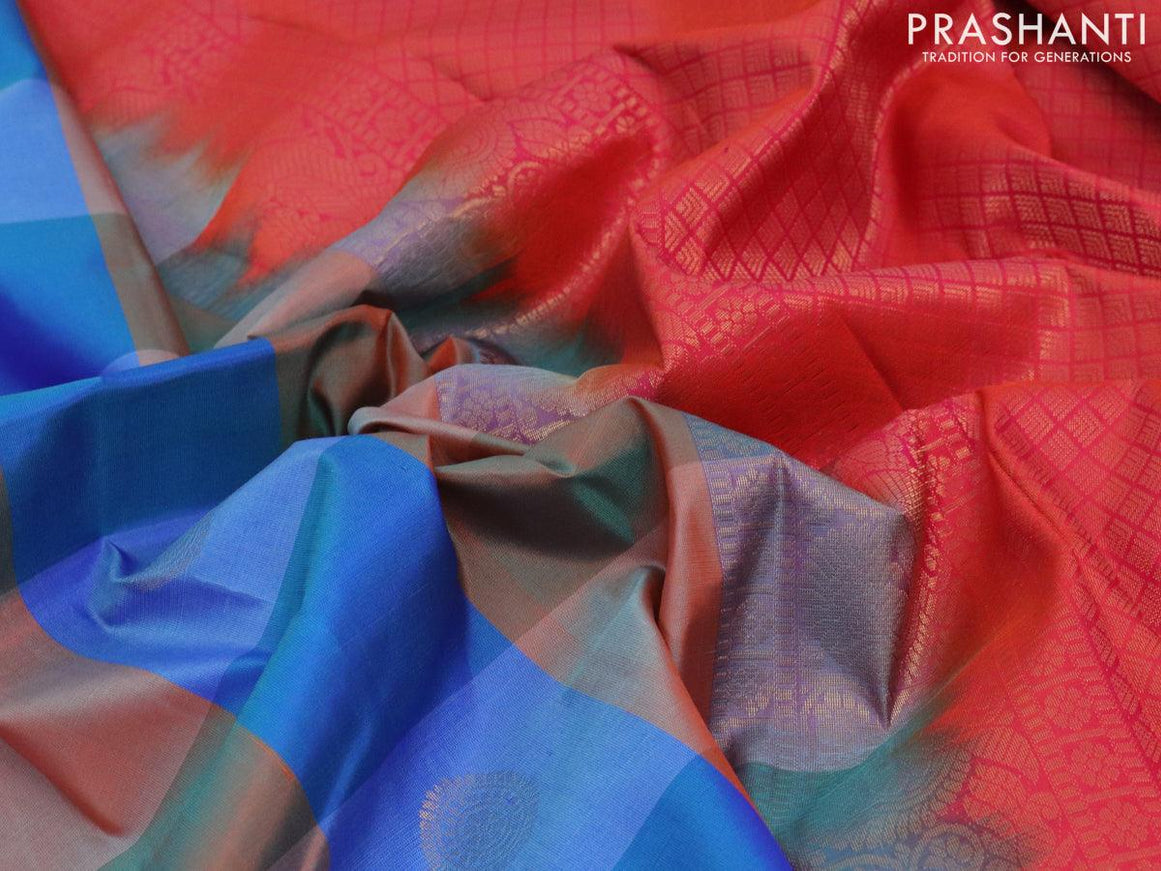 Pure kanjivaram silk saree multi colour and dual shade of pinkish orange with paalum pazhamum check & zari buttas in borderless style - {{ collection.title }} by Prashanti Sarees