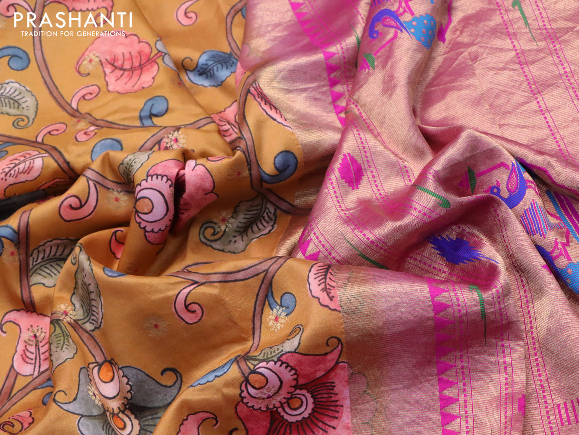 Pure kanjivaram silk saree mustard shade and pink with allover floral digital prints & zari buttas and zari woven border - {{ collection.title }} by Prashanti Sarees
