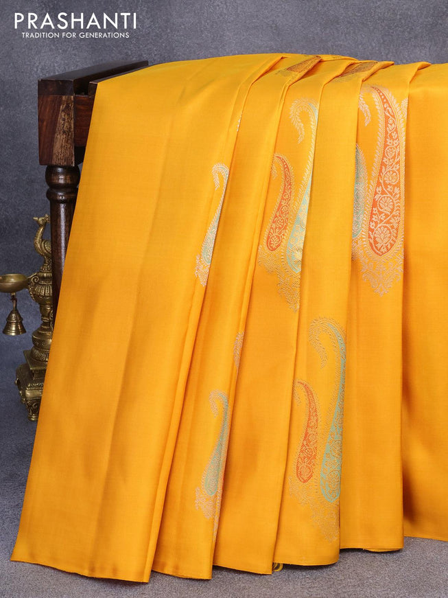 Pure kanjivaram silk saree mustard yellow and maroon with zari woven buttas in borderless style - {{ collection.title }} by Prashanti Sarees