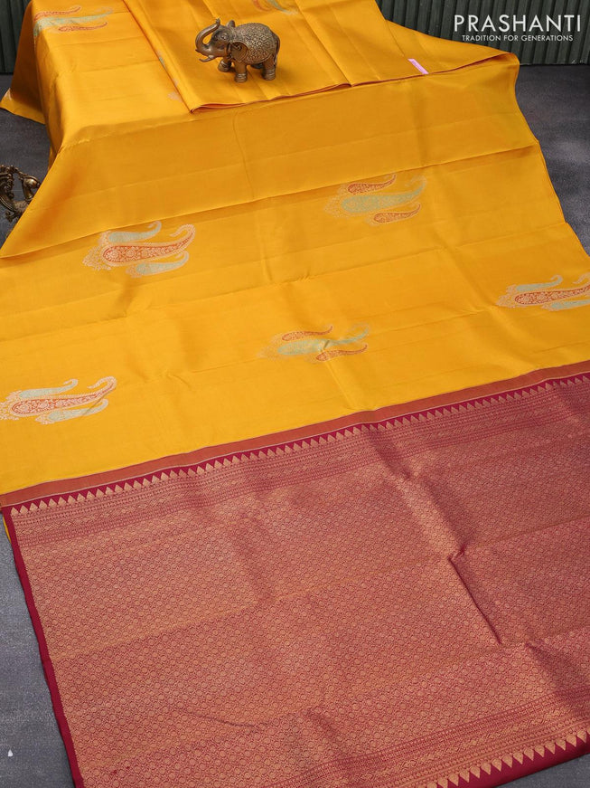 Pure kanjivaram silk saree mustard yellow and maroon with zari woven buttas in borderless style - {{ collection.title }} by Prashanti Sarees