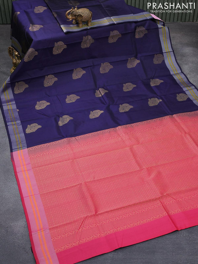 Pure kanjivaram silk saree navy blue and pink with zari woven buttas and simple border - {{ collection.title }} by Prashanti Sarees
