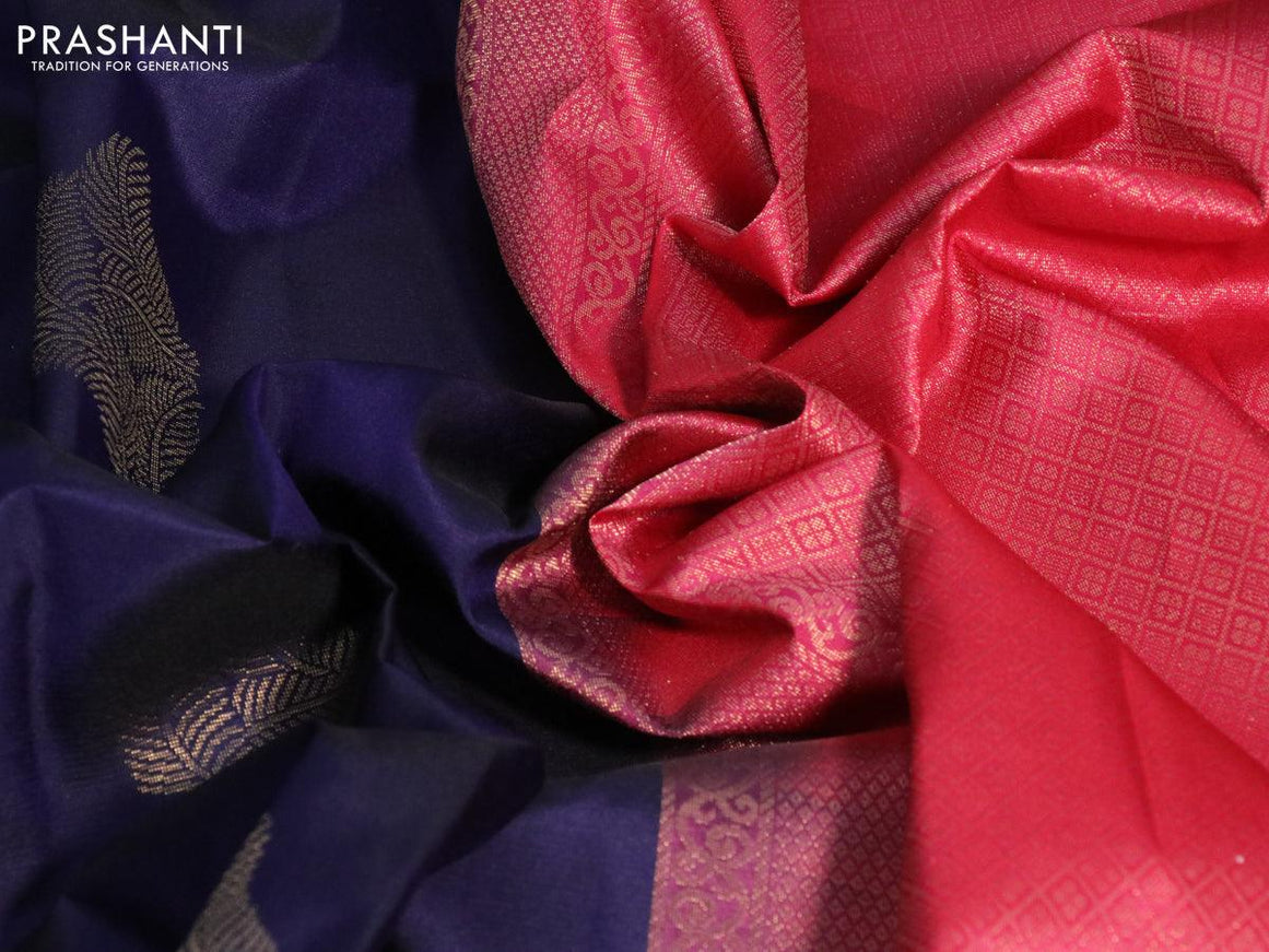 Pure kanjivaram silk saree navy blue and pink with zari woven buttas and simple border - {{ collection.title }} by Prashanti Sarees