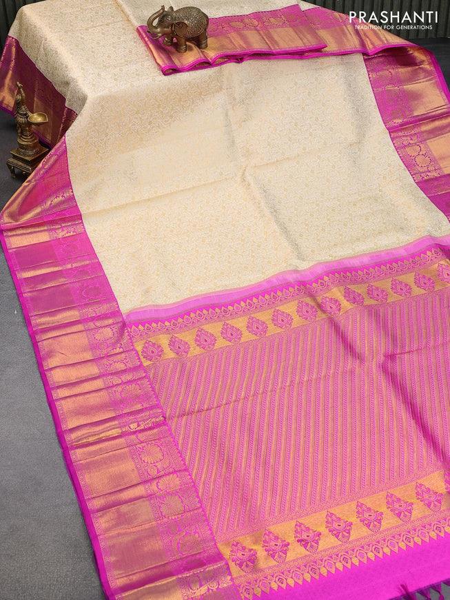 Pure kanjivaram silk saree off white and pink with allover zari woven brocade weaves and long floral zari woven floral border & embroidery work blouse - {{ collection.title }} by Prashanti Sarees