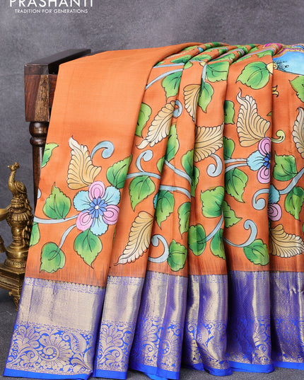 Pure kanjivaram silk saree orange and blue with allover kalamkari digital prints and annam zari woven border - {{ collection.title }} by Prashanti Sarees