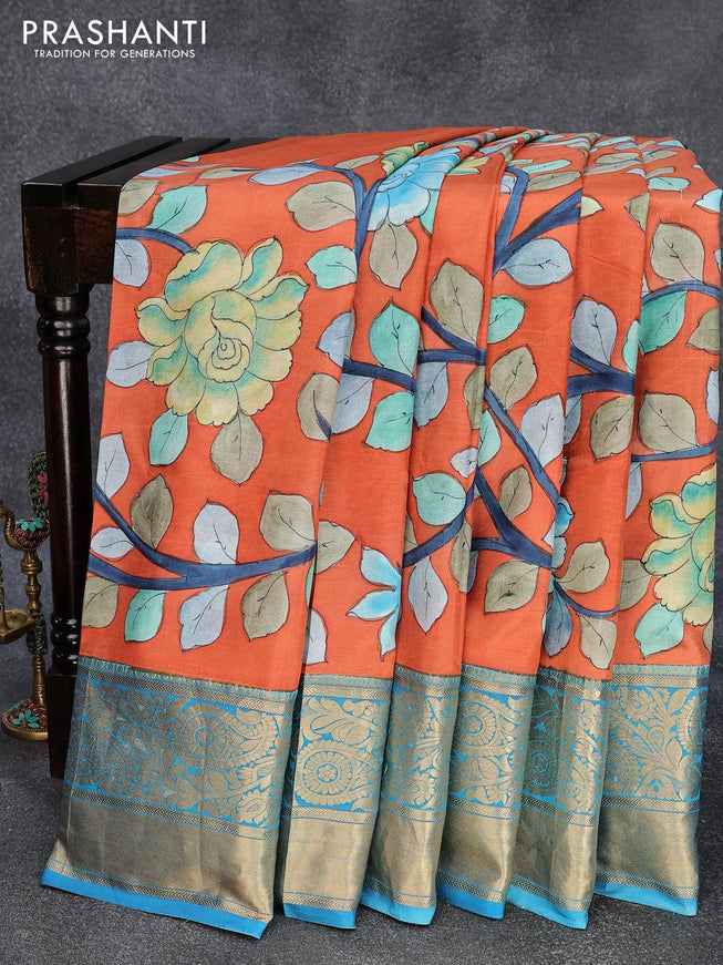 Pure kanjivaram silk saree orange and blue with allover kalamkari digital prints and zari woven border - {{ collection.title }} by Prashanti Sarees