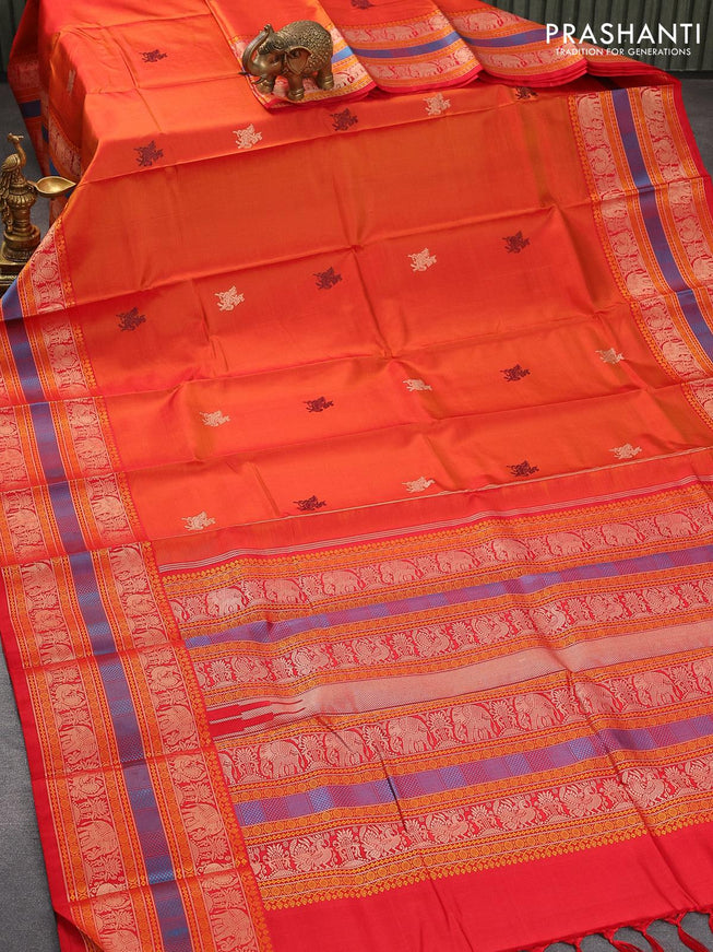 Pure kanjivaram silk saree orange and red with thread woven buttas and thread woven border zero zari - {{ collection.title }} by Prashanti Sarees