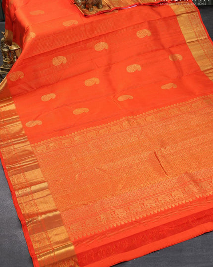 Pure kanjivaram silk saree orange with allover small zari checks & paisley buttas and zari woven border - {{ collection.title }} by Prashanti Sarees