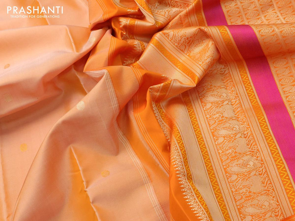 Pure kanjivaram silk saree pale orange and mango yellow with thread woven buttas and thread woven border zero zari - {{ collection.title }} by Prashanti Sarees