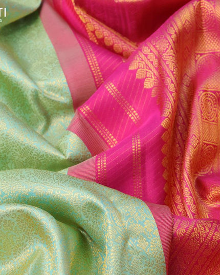 Pure kanjivaram silk saree pastel blue shade and pink with allover zari woven brocade weaves and long zari woven border - {{ collection.title }} by Prashanti Sarees