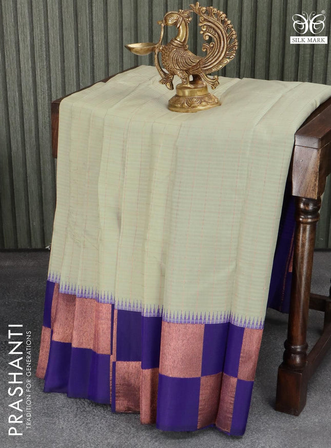 Pure kanjivaram silk saree pastel grey and blue with allover zari checked pattern and copper zari woven box type border - {{ collection.title }} by Prashanti Sarees