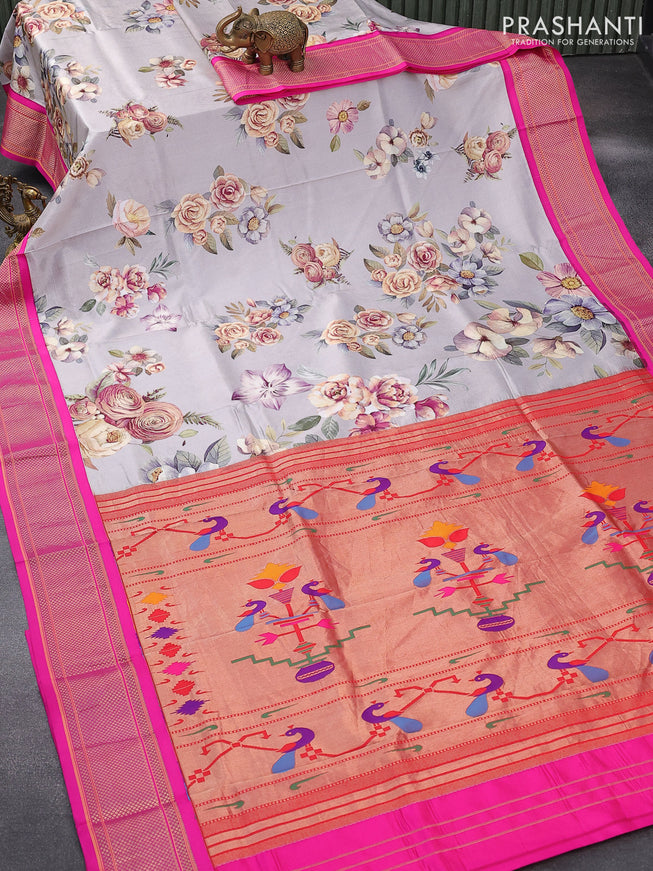 Pure kanjivaram silk saree pastel grey and pink with allover floral digital prints and zari woven border - {{ collection.title }} by Prashanti Sarees