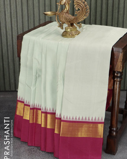 Pure kanjivaram silk saree pastel grey shade and dark pink with plain body and raising temple design zari woven border - {{ collection.title }} by Prashanti Sarees