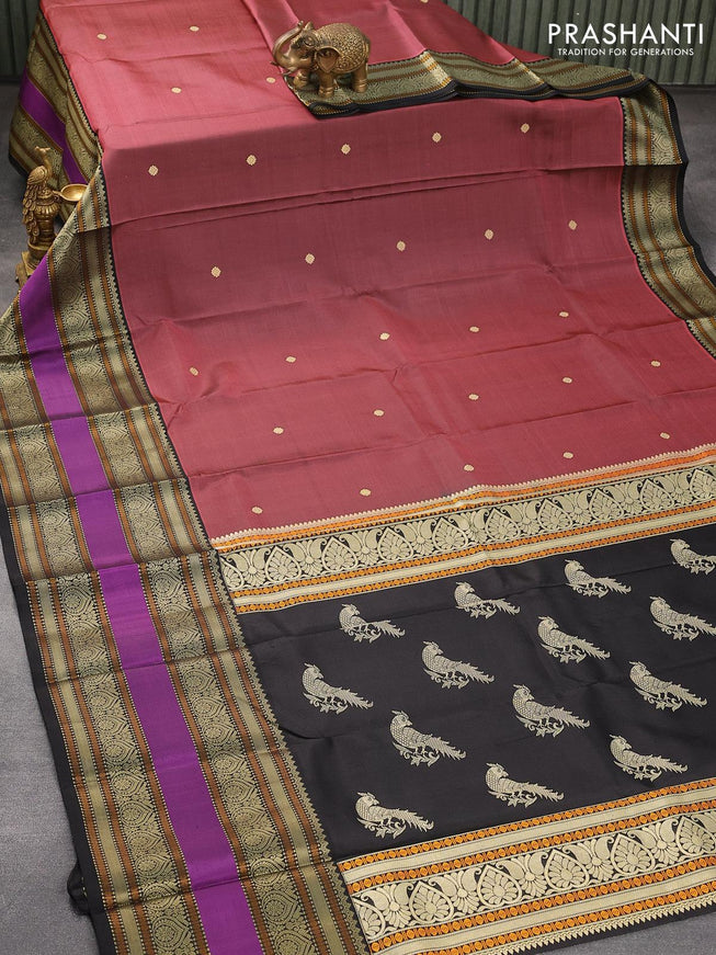 Pure kanjivaram silk saree pastel maroon and black with thread woven buttas and long thread woven border zero zari - {{ collection.title }} by Prashanti Sarees