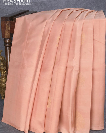 Pure kanjivaram silk saree pastel peach and pink teal green with zari woven buttas in borderless style - {{ collection.title }} by Prashanti Sarees