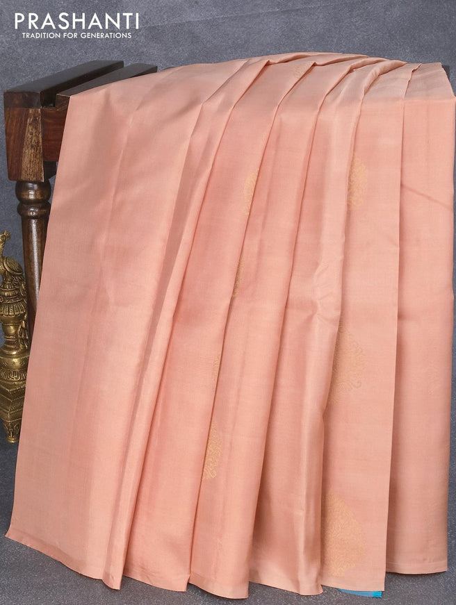 Pure kanjivaram silk saree pastel peach and pink teal green with zari woven buttas in borderless style - {{ collection.title }} by Prashanti Sarees