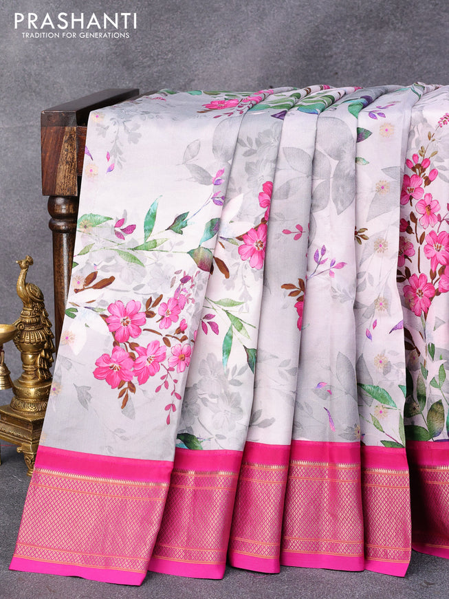 Pure kanjivaram silk saree pastel pink and pink with allover floral digital prints & zari buttas and zari woven border - {{ collection.title }} by Prashanti Sarees