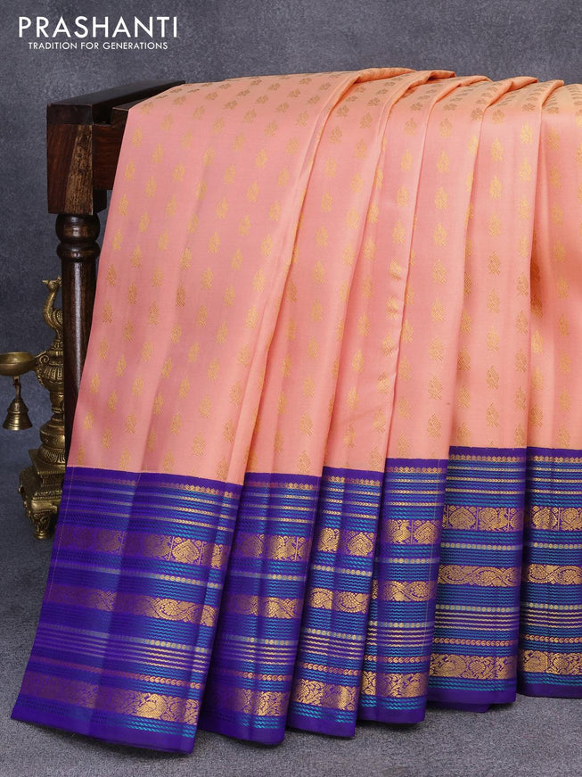 Pure kanjivaram silk saree peach orange and blue with allover zari woven buttas and long rich zari woven border - {{ collection.title }} by Prashanti Sarees