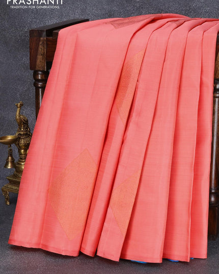 Pure kanjivaram silk saree peach orange and cs blue with copper zari woven box type buttas in borderless style - {{ collection.title }} by Prashanti Sarees