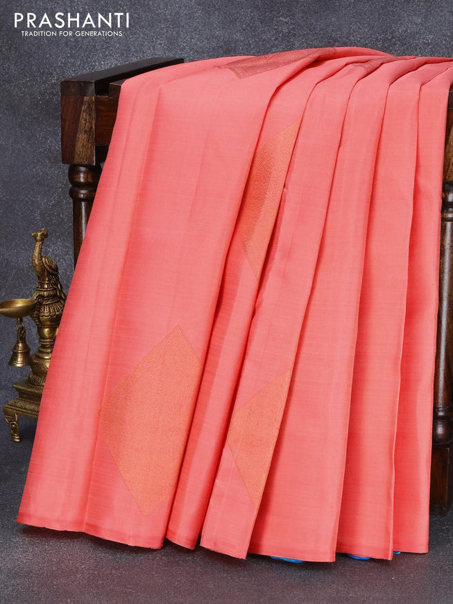 Pure kanjivaram silk saree peach orange and cs blue with copper zari woven box type buttas in borderless style - {{ collection.title }} by Prashanti Sarees