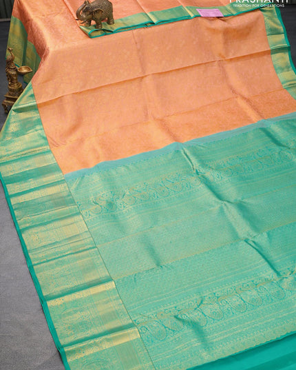 Pure kanjivaram silk saree peach orange and teal green with allover zari woven brocade weaves and long zari woven border - {{ collection.title }} by Prashanti Sarees