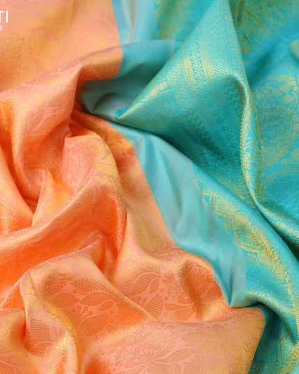 Pure kanjivaram silk saree peach orange and teal green with allover zari woven brocade weaves and long zari woven border - {{ collection.title }} by Prashanti Sarees