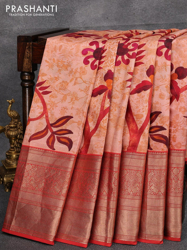 Pure kanjivaram silk saree peach shade and red with allover digital prints and long zari woven border - {{ collection.title }} by Prashanti Sarees