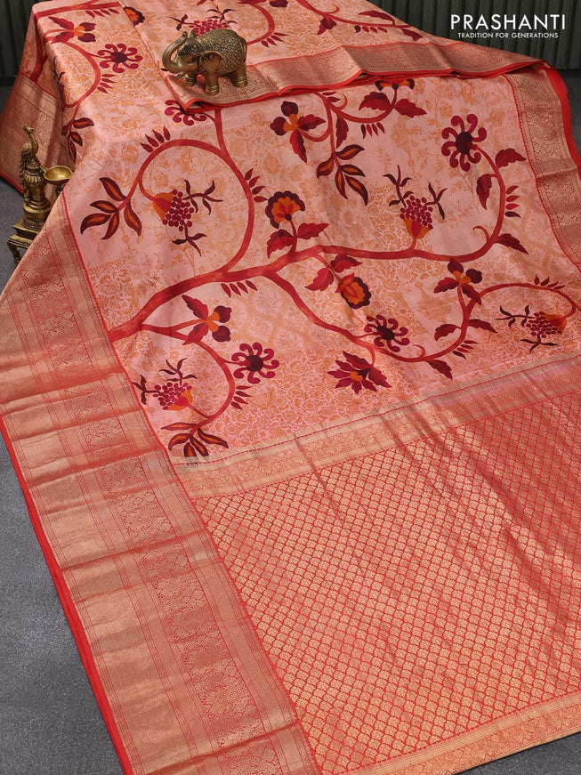 Pure kanjivaram silk saree peach shade and red with allover digital prints and long zari woven border - {{ collection.title }} by Prashanti Sarees