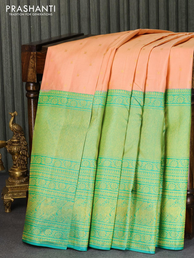 Pure kanjivaram silk saree peach shade and teal blue shade with allover zari woven buttas and long rich zari woven border - {{ collection.title }} by Prashanti Sarees