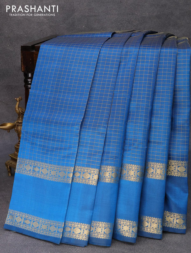 Pure kanjivaram silk saree peacock blue with allover small zari checked pattern and rettapet zari woven border - {{ collection.title }} by Prashanti Sarees