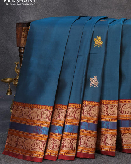 Pure kanjivaram silk saree peacock green and maroon with thread woven buttas and thread woven border zero zari - {{ collection.title }} by Prashanti Sarees