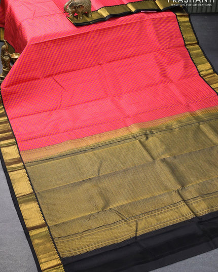 Pure kanjivaram silk saree pink and black with allover small checked pattern and zari woven border - {{ collection.title }} by Prashanti Sarees