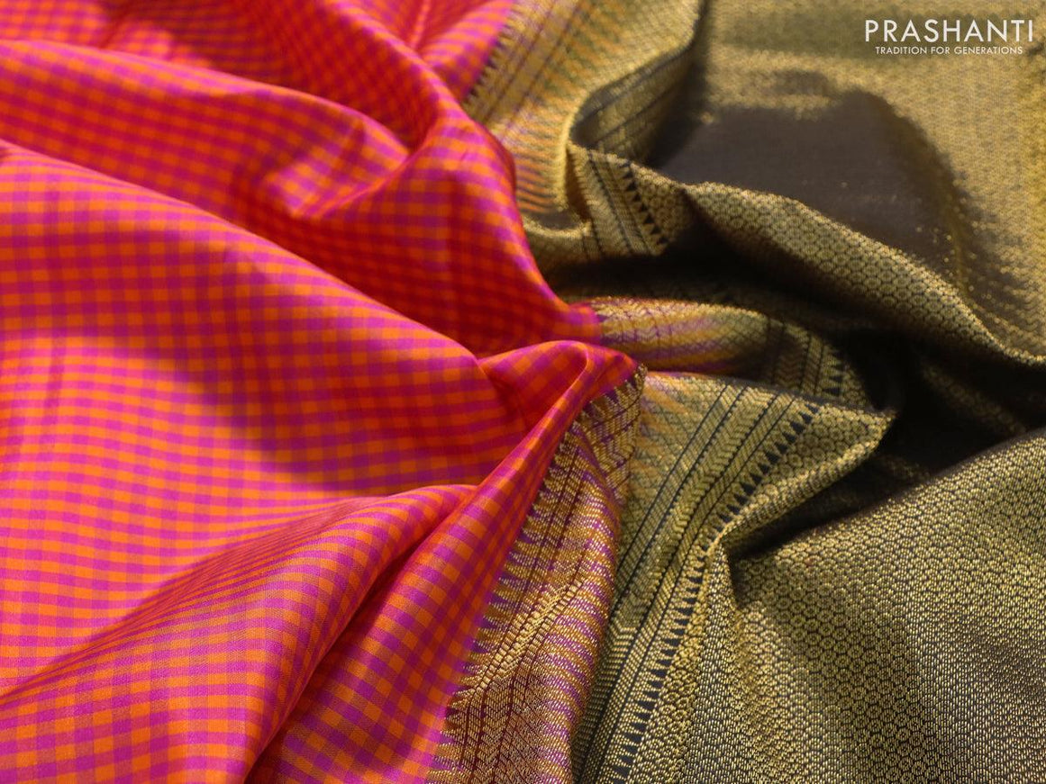 Pure kanjivaram silk saree pink and black with allover small checked pattern and zari woven border - {{ collection.title }} by Prashanti Sarees