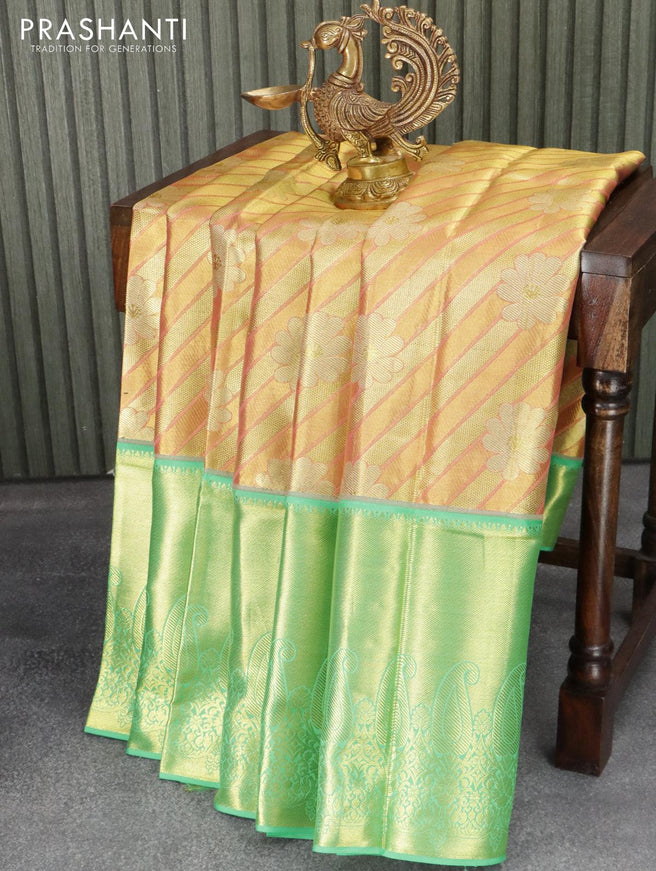 Pure Kanjivaram silk saree pink and blue with allover golden zari weaves and rich zari border - {{ collection.title }} by Prashanti Sarees