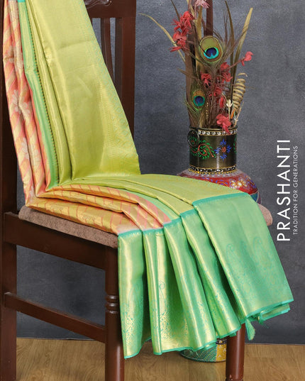 Pure Kanjivaram silk saree pink and blue with allover golden zari weaves and rich zari border - {{ collection.title }} by Prashanti Sarees