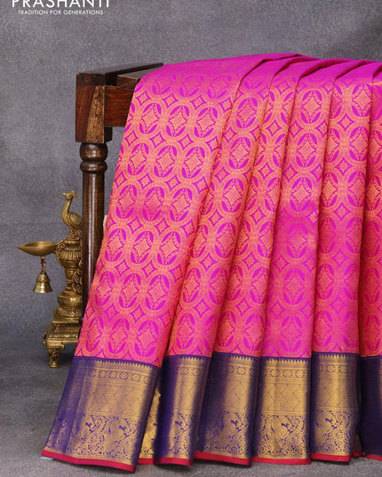 Pure kanjivaram silk saree pink and blue with allover zari weaves and zari woven border - {{ collection.title }} by Prashanti Sarees