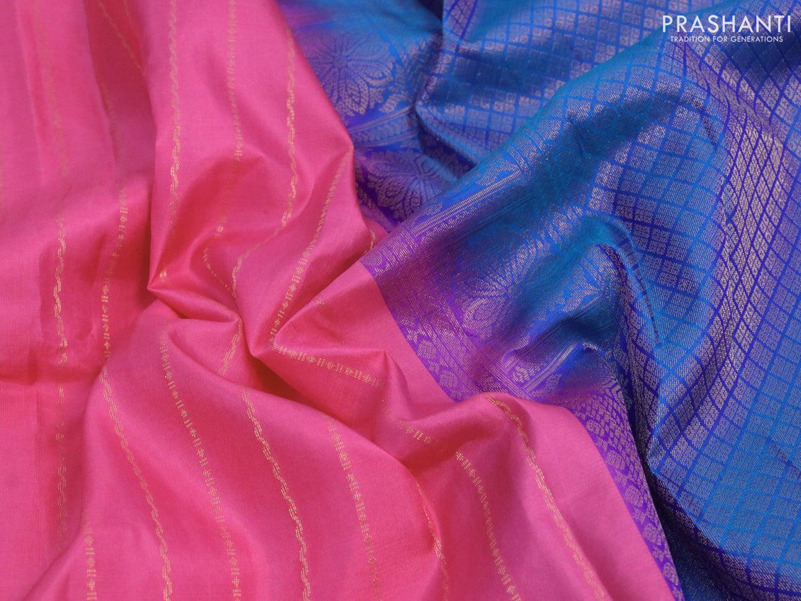 Pure kanjivaram silk saree pink and cs blue with allover zari weaves and simple border - {{ collection.title }} by Prashanti Sarees