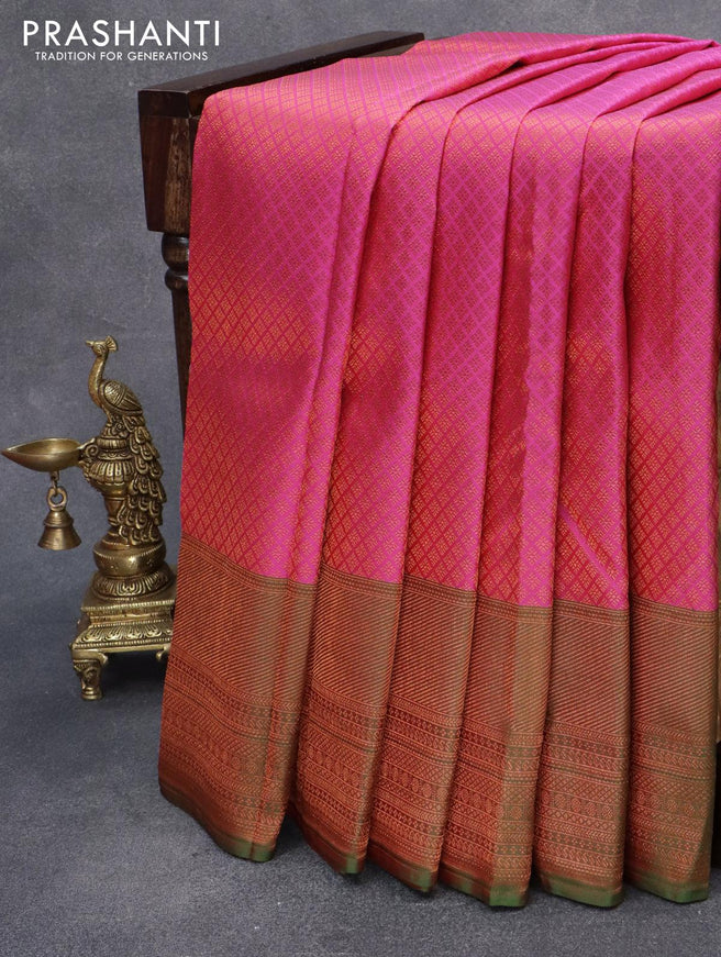 Pure kanjivaram silk saree pink and green shade with allover copper zari woven buttas and copper zari woven border - {{ collection.title }} by Prashanti Sarees