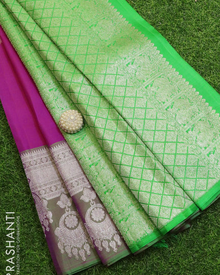 Pure Kanjivaram silk saree pink and light green with silver zari woven buttas and silver zari woven border - {{ collection.title }} by Prashanti Sarees