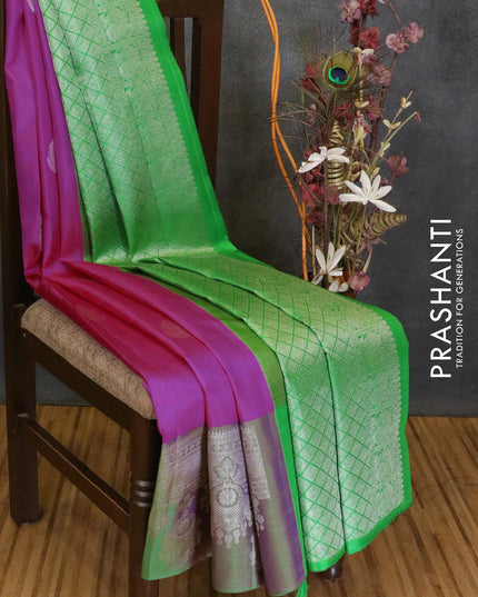 Pure Kanjivaram silk saree pink and light green with silver zari woven buttas and silver zari woven border - {{ collection.title }} by Prashanti Sarees