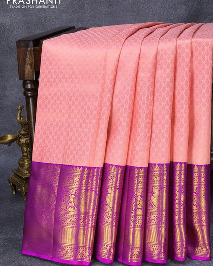 Pure kanjivaram silk saree pink and purple with allover zari woven brocade weaves and zari woven annam border - {{ collection.title }} by Prashanti Sarees