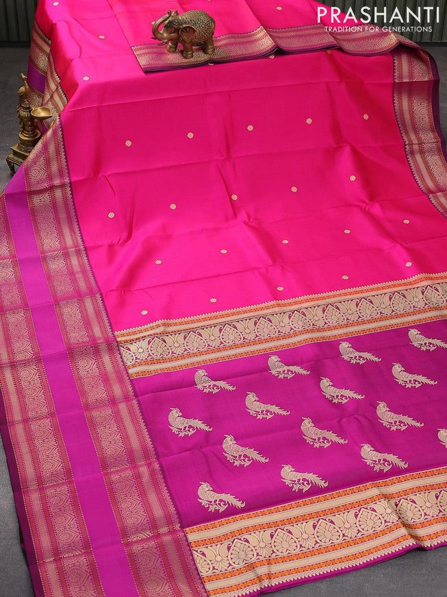 Pure kanjivaram silk saree pink and purple with thread woven buttas and long thread woven border zero zari - {{ collection.title }} by Prashanti Sarees